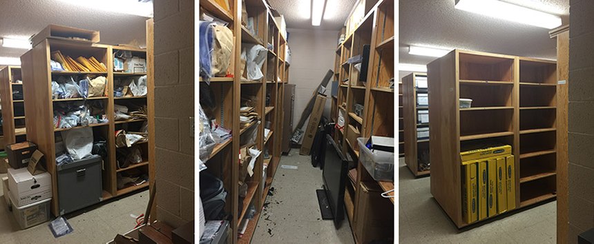 CAPTION: These images of a police property room before and after a purge illustrate the potential benefits of using evidence management software like QueTel. (images/Gayla Robison)