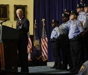 Vice President Joe Biden makes remarks during a news conference at City Hall in Philadelphia, Tuesday, July 28, 2009. The Obama administration on Tuesday announced $1 billion in grants to help keep police officers on the beat during the economic downturn and tried to assure cities not getting aid that they won't be stiffed. (AP Photo/Matt Rourke)