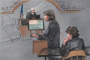 In this courtroom sketch, defense attorney Judy Clarke is depicted addressing the jury as defendant Dzhokhar Tsarnaev, right, sits during closing arguments in Tsarnaev's federal death penalty trial Monday, April 6, 2015, in Boston. Tsarnaev is charged with conspiring with his brother to place two bombs near the Boston Marathon finish line in April 2013, killing three and injuring more than 260 people.