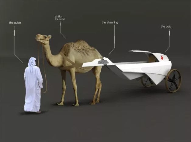 The Cambulance is a medical transport vehicle designed to be pulled by camels.