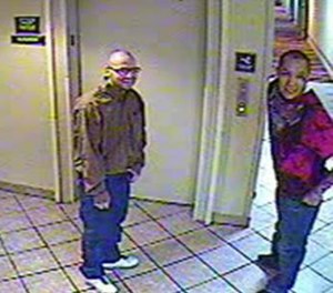 Escaped prisoners Joseph Cruz, left, and Lionel Clah were both spotted on surveillance taken in Albuquerque early on March 10. (NM State Police Image)