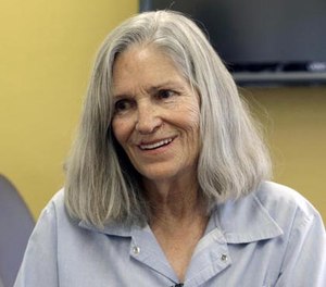 In this April 14, 2016 file photo, former Charles Manson follower Leslie Van Houten confers with her attorney Rich Pfeiffer, not shown, during a break from her hearing before the California Board of Parole Hearings at the California Institution for Women in Chino, Calif.