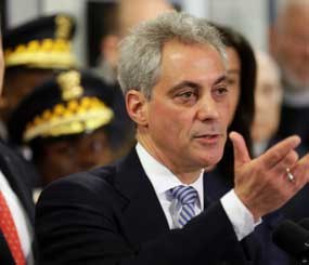 Chicago Mayor Rahm Emanuel discusses gun violence at a news conference.