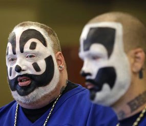 In this Jan. 8, 2014 file photo, Joseph Bruce, aka Violent J, left, and Joseph Utsler, aka Shaggy 2 Dope, members of the Insane Clown Posse, address the media in Detroit. (AP Image)