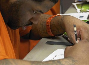 Anthony Pratt, an inmate at San Francisco's County Jail No. 5, sketches out a design for an alternative kind of space for the criminal justice system.