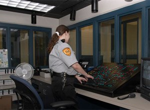 Control hub. From here, doors can be opened and locked electronically in the entire facility. The jail at the Saline County Sheriff's Office, Wilber, Nebraska.