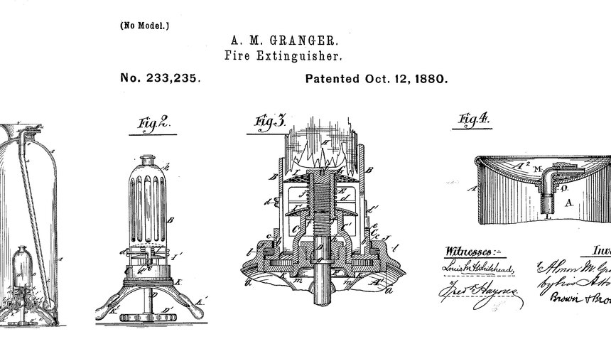The earliest American fire extinguisher was essentially a soda-acid volcano with a hose attached. (Photo: Google Patents)