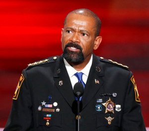 In this July 18, 2016, file photo, Milwaukee County, Wis. Sheriff David Clarke speaks at the Republican National Convention in Cleveland.