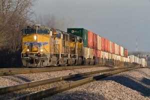 A double stack on a railroad freight train. 