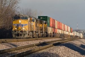 A double stack on a railroad freight train.