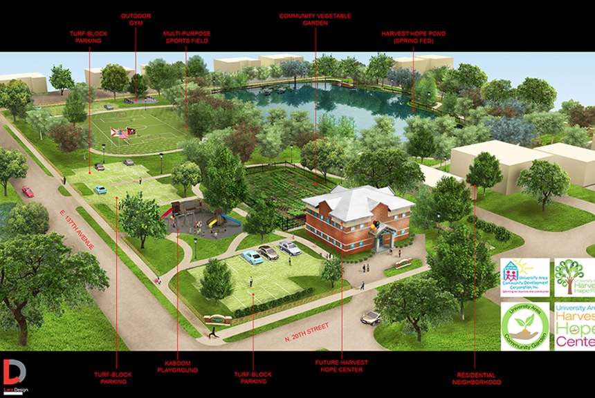 A community development grant paved the way for the plans for Harvest Hope Park to move forward, with all of the elements pictured in this mock-up, including a fishing pond, outdoor gym and Kaboom playground.