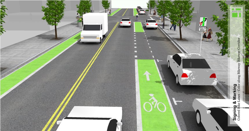 Colored bike lanes, as pictured here, are an innovative way to elevate awareness of bicyclists.