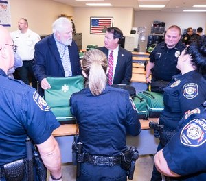 Sheriff Berrong and Mayor Mitchell meet with the EMR-certified deputies to officially kick off the program. The deputies are ready to serve the community with their specialized skill, while obtaining 30 hours of practical experience on an AMR ambulance.