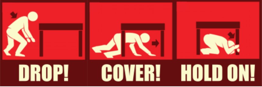 If you are indoors during an earthquake, be sure to drop to the ground, cover your head and hold on to something stable. 