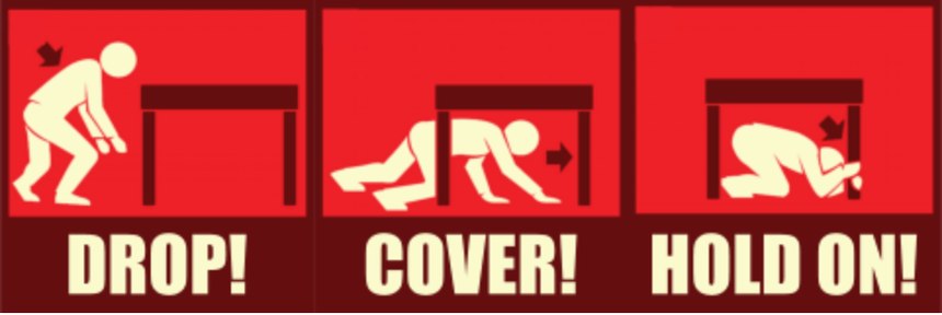 If you are indoors during an earthquake, be sure to drop to the ground, cover your head and hold on to something stable.