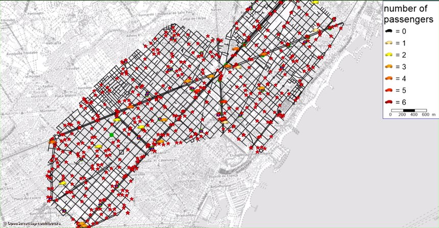 This simulated environment shows the impact 500 additional on-demand shuttles would have on the Barcelona metro area.