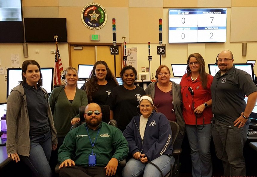 Georgia TERT dispatchers Tabitha Carver (Fulton County, GA) and Aaron Schwab (Cherokee County, GA), at right, with personnel from the Collier County, FL 911 Center during the TERT response after Hurricane Irma.