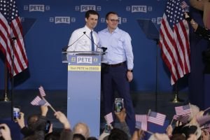 Pete Buttigieg is joined by his husband Chasten Glezman before he announced that he will seek the Democratic presidential nomination during a rally in South Bend, Ind., Sunday, April 14, 2019. Buttigieg, 37, is serving his second term as the mayor of South Bend.