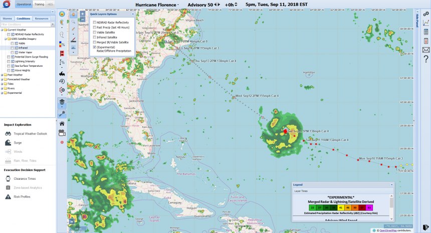 A new addition to HV-X in 2018 is the offshore precipitation visualization capability (OPC), which provides a pseudo radar coverage capability where no radar is available. Here it is being used for Hurricane Florence.