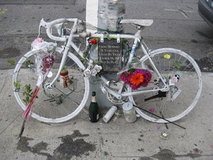 Cycling advocates set up ‘ghost bikes,’ like this one in Brooklyn, in memory of bikers killed in traffic.