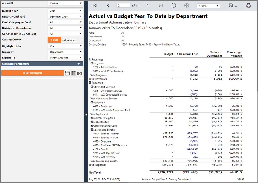 A Questica Budget Print report example.