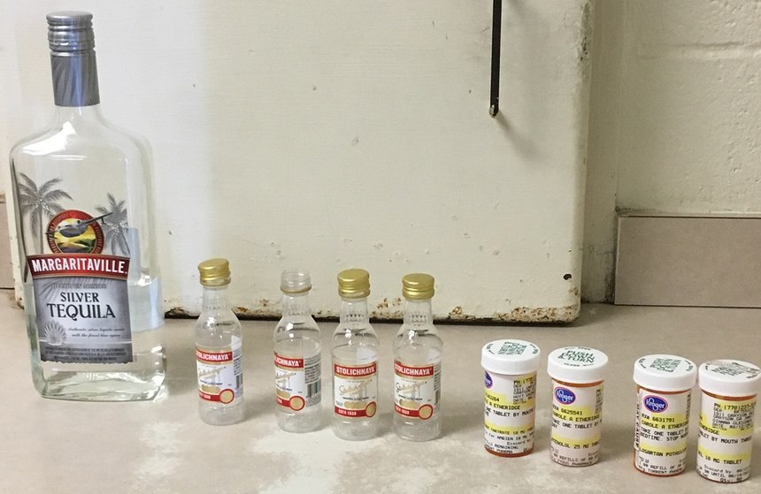 Police found four empty shot bottles of vodka and a nearly half-full bottle of tequila in school bus driver Carole Ann Etheridge’s purse, as well as prescription drugs in her name. Image: Walton County Sheriff’s Office