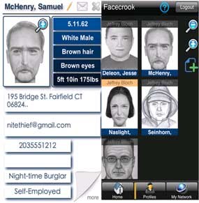 A composite of two displays of the Facecrook app.