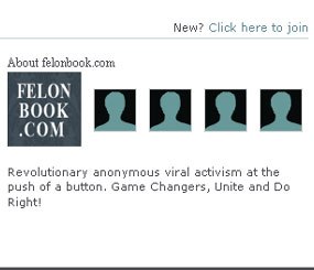 A screenshot shows the welcome message on the front page of Felonbook.com.