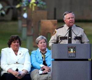 Charlie Hanger speaks during the memorial ceremony for the 15th anniversary of the Oklahoma City bombing, Monday, April 19, 2010, in Oklahoma City.
