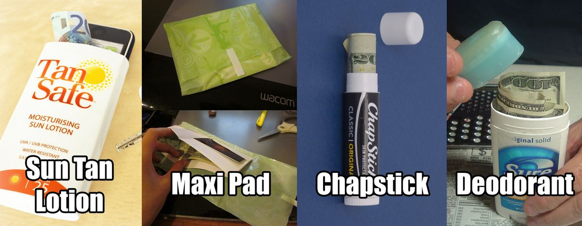 safety life hack, hide money, sun tan lotion, maxi pad, chapstick, deodorant