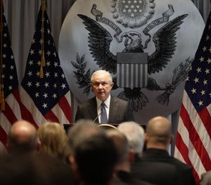 In this April 28, 2017, file photo, Attorney General Jeff Sessions speaks in Central Islip, N.Y.