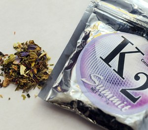 This Feb. 15, 2010, photo shows a package of K2 which contains herbs and spices sprayed with a synthetic compound chemically similar to THC, the psychoactive ingredient in marijuana.
