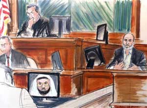 In this Wednesday, March 19, 2014 courtroom sketch Osama bin Laden's son-in-law, Sulaiman Abu Ghaith, right, testifies at his trial in New York, on charges he conspired to kill Americans and aid al-Qaida as a spokesman for the terrorist group. (AP Photo/Elizabeth Williams, File)

