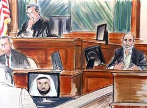 In this Wednesday, March 19, 2014 courtroom sketch Osama bin Laden's son-in-law, Sulaiman Abu Ghaith, right, testifies at his trial in New York, on charges he conspired to kill Americans and aid al-Qaida as a spokesman for the terrorist group. (AP Photo/Elizabeth Williams, File)