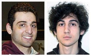 This combination of file photos shows brothers Tamerlan, left, and Dzhokhar Tsarnaev, suspects in the Boston Marathon bombings on April 15, 2013. (AP Photos/Lowell Sun and FBI, File)