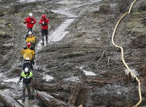 Search and rescue teams walk through a field of mud on a path of plywood at the west side of the mudslide on Highway 530 near mile marker 37 in Arlington, Wash. (AP Photo/Rick Wilking, Pool)