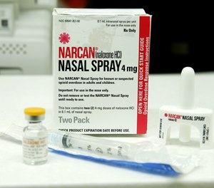 Injectable and nasal forms of Naloxone, which can be used to block the potentially fatal effects of an opioid overdose, are shown Friday, Oct. 7, 2016, at an outpatient pharmacy at the University of Washington.