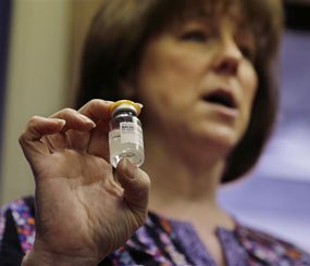 Registered Nurse Babette Richter, with the South Jersey AIDS Alliance, holds up a container of the heroin overdose antidote, naloxone, also known by its brand name Narcan.