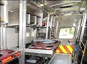 Paul W. Gillespie/The CapitalThe stretcher sections on both sides inside Annapolis County's new mass casualty Medical Ambulance Unit can be removed for drop-down seating for ambulatory patients.