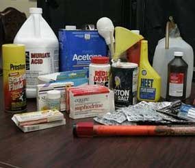In this photo taken Friday, Aug. 14, 2009, a display of items used in the "shake-and-bake" method of manufacturing methamphetamine is shown at the Oklahoma Bureau of Narcotics in Oklahoma City. According to the Oklahoma Bureau of Narcotics, the items shown were purchased for display purposes. (AP Photo)