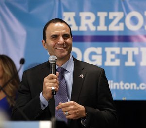 In this Nov. 8, 2016, file photo, then Democratic Maricopa County sheriff candidate Paul Penzone speaks to supporters during an election party in Phoenix.