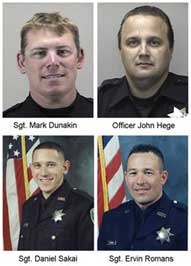 Police officers from left: Sgt. Mark Dunakin, Officer John Hege, Sgt. Daniel Sakai and Sgt. Ervin Romans. A man wanted for violating his parole killed four officers in two shootings.