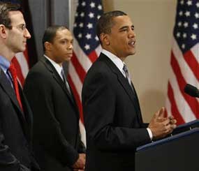 President Barack Obama, accompanied by Budget Director Peter Orszag, left, and Deputy Budget Director Rob Nabors, speaks about the fiscal 2010 federal budget. The president's proposed budget calls for cutting the Public Safety Officers' Death Benefits Program from $110 million to $60 million. (AP Photo) 