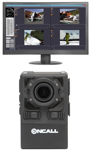The interface of the OnCall system (above) shows how an admin can choose how many streams to watch. The lapel cam is pictured below. (Photos courtesy OnCall)