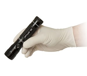 The flashlight produces a beam that covers an area of 2.5 inches in diameter at a distance of 15 inches.