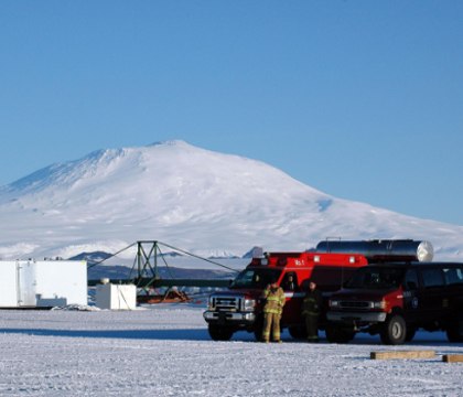 Emergency personnel stand by at Pegasus Airfield near McMurdo Station.
