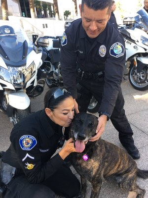 In this photo, Garden Grove PD motor officer Katherine Anderson gives Puskas a kiss. Anderson was the officer who was nearly run over by the suspect Puskas took down in February.
