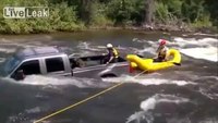 Dog rescued from submerged truck in rapids