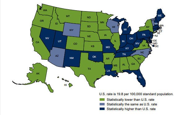 This map shows the age-adjusted opioid death rates by state, and the colors label where the state stands compared to the rest of the country. (Photo/CDC)