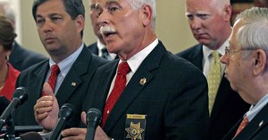 Bristol County Sheriff Thomas Hodgson gestures during a news conference in regard to the 